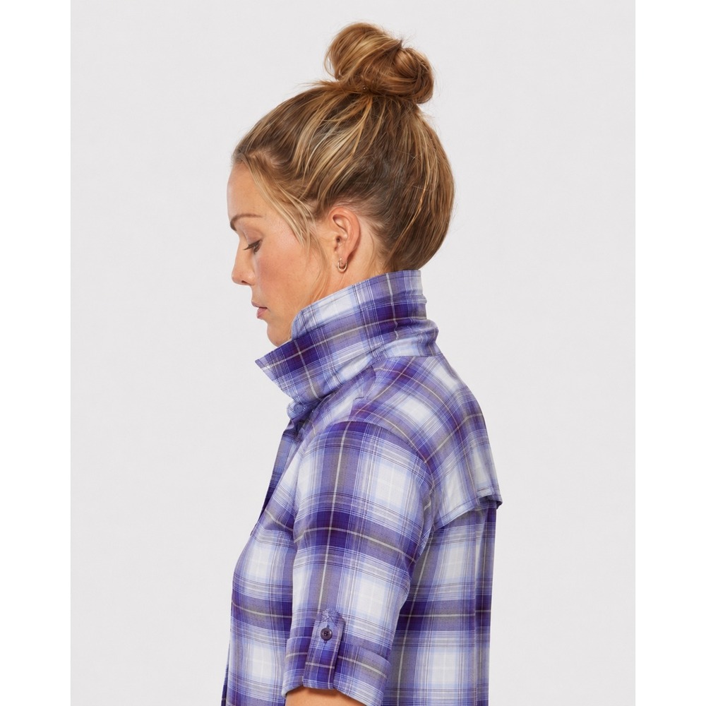 Duluth Trading Sidewinder Shirt M Purple Plaid Women DuluthFlex Hiking Outdoor